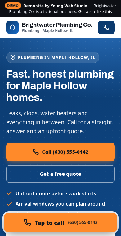 Phone screenshot of the Brightwater Plumbing Co. demo site